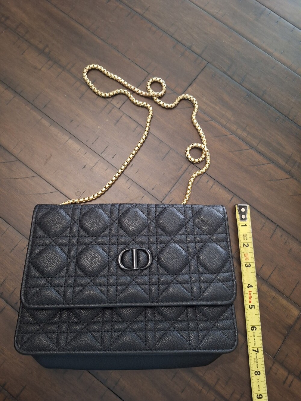 Black Lightly Quilted Crossbody Bag with Gold Chain - Picture 2 of 8